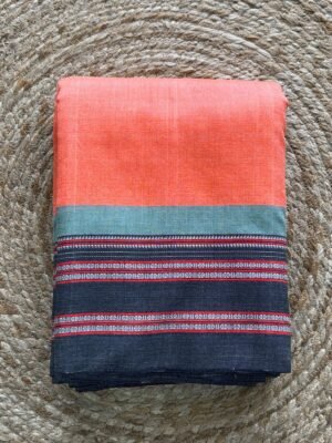 Coral Pink Handloom Cotton Saree with Contrasting Charcoal Black Border (1)