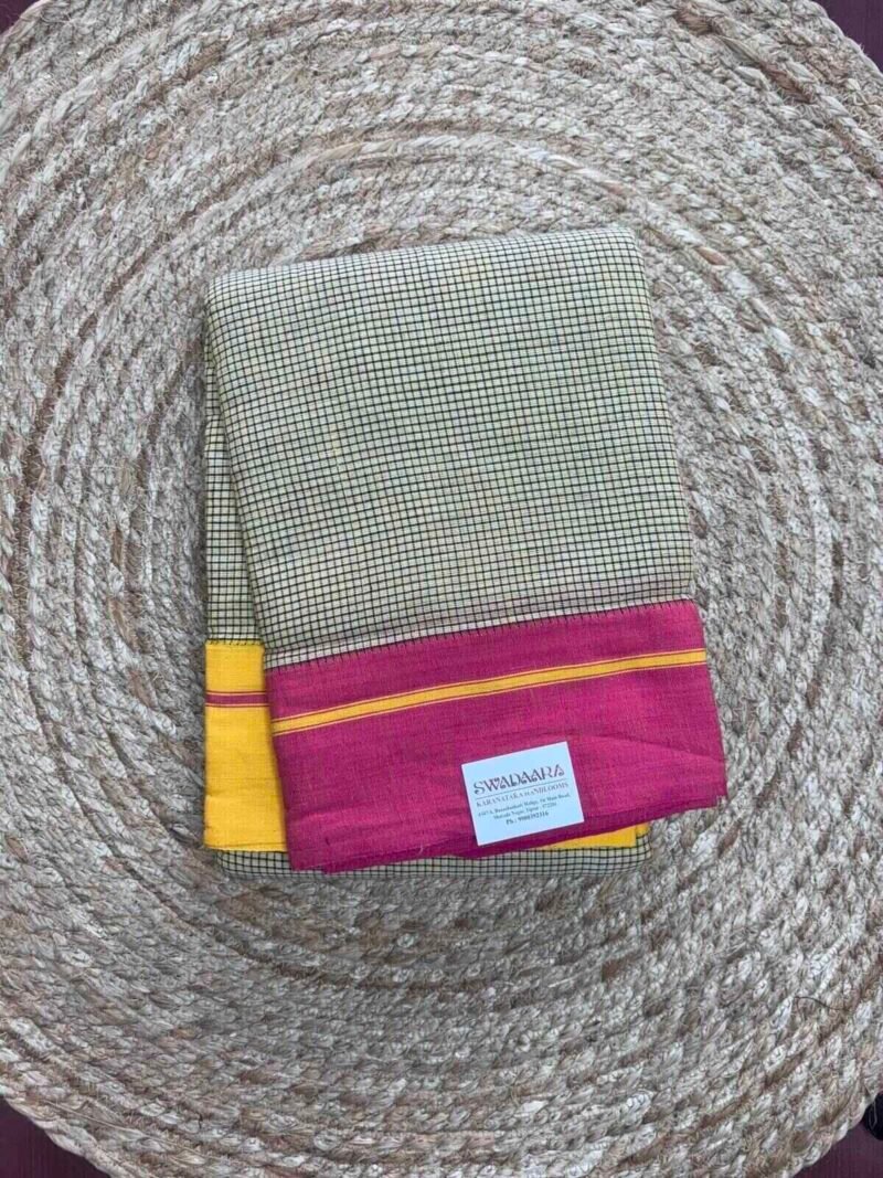 Musterd Yellow Checked Patteda Anchu with Pink and Yellow Border