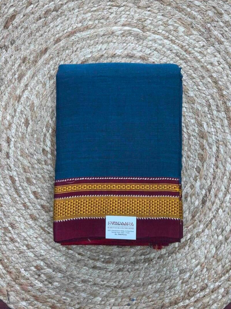 Deep Teal Blue Color Ilkal Saree with Gold Color Chikki Paras Border
