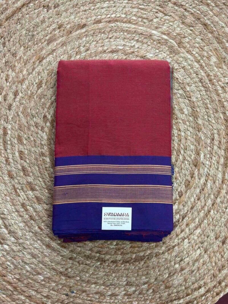 Wine Red Color Plain Ilkal Saree with Plain Blue Border