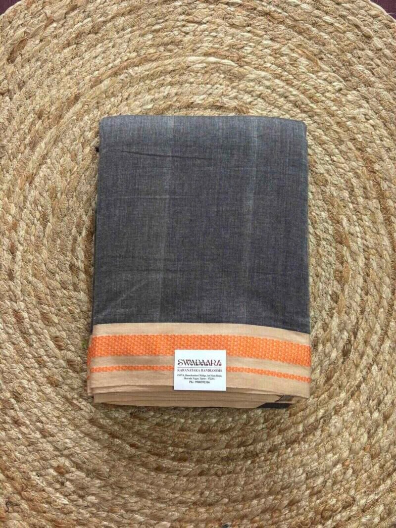 Grey Color Plain Ilkal Saree with Orenge Chikki Paras Border