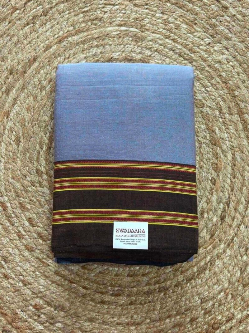 Light Sky Blue Plain Ilkal Saree with Chocolate Brown Border