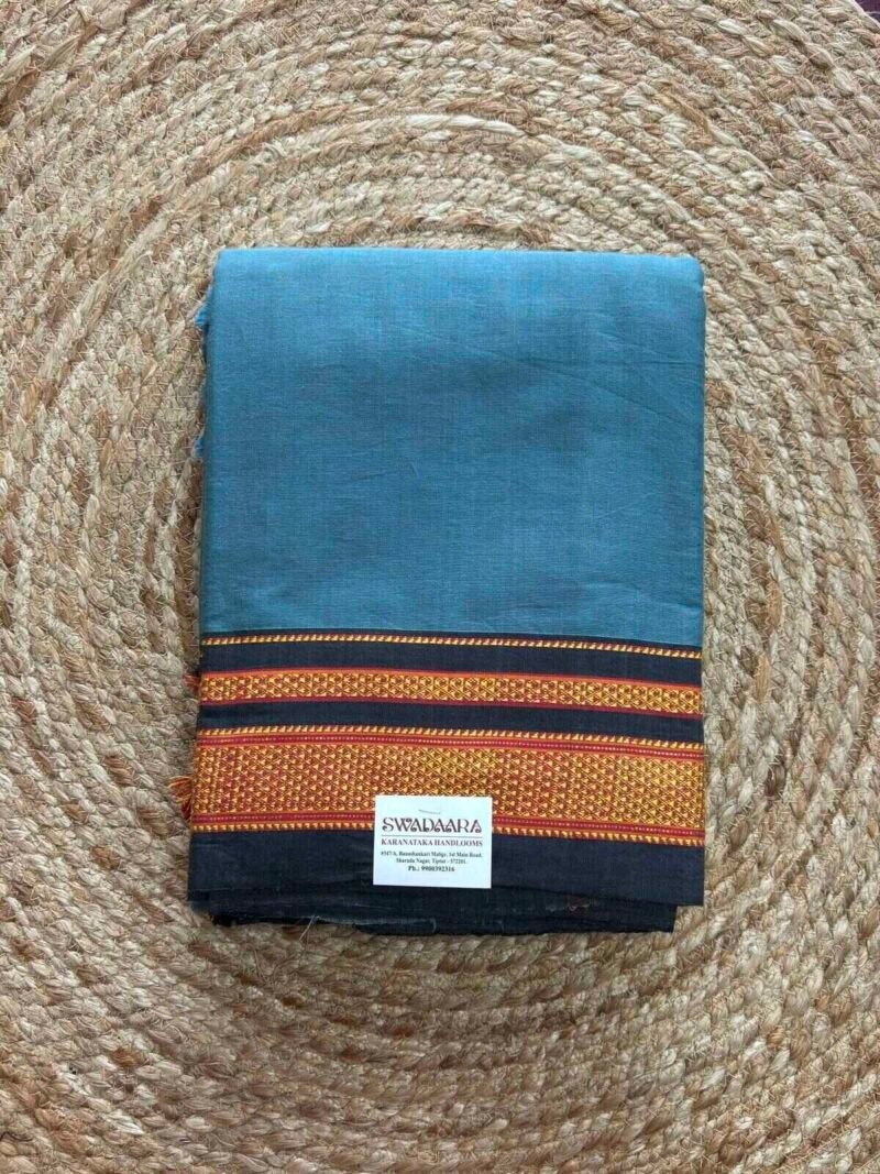Teal Blue Color Plain Ilkal Saree with Gold Color Chikki Paras Border
