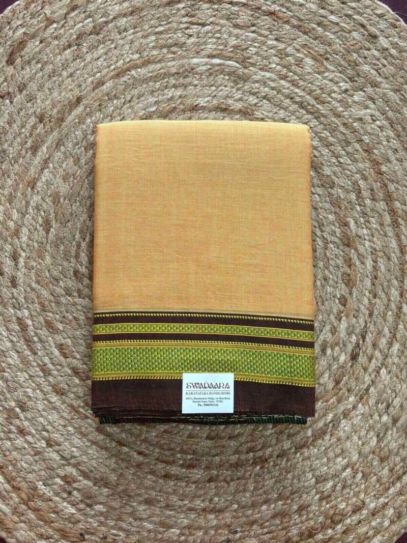 Mustard Yellow Color Plain Ilkal Saree with Dark Brown Chikki Paras Border