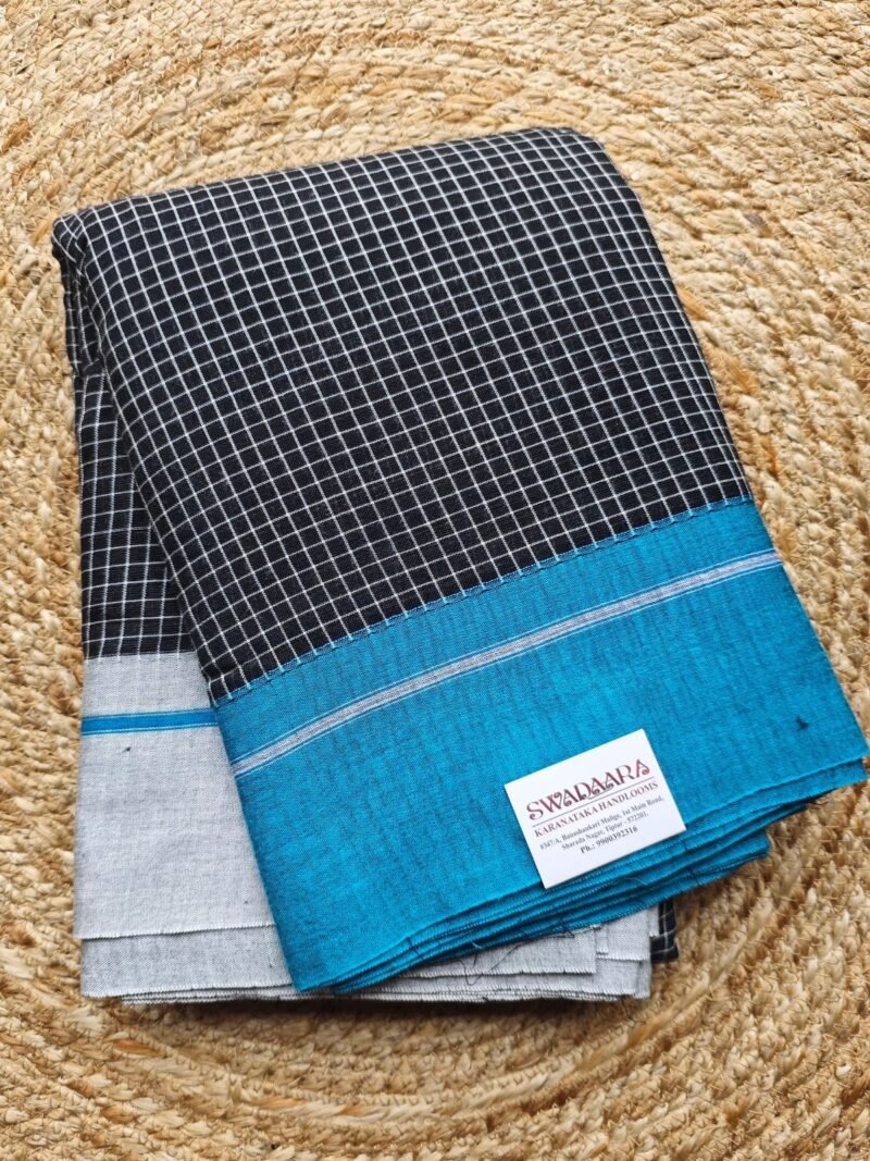 Black Checked Patteda Anchu Saree with Turquoise Border