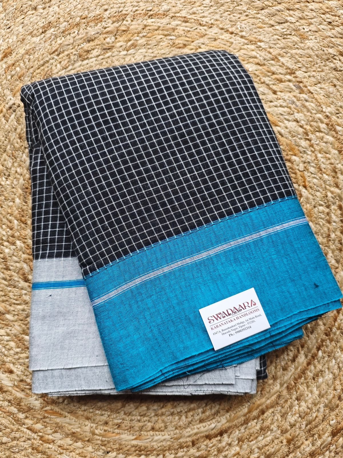 Black Checked Patteda Anchu Saree with Turquoise Border (1) Black Checked Patteda Anchu Saree with Turquoise Border