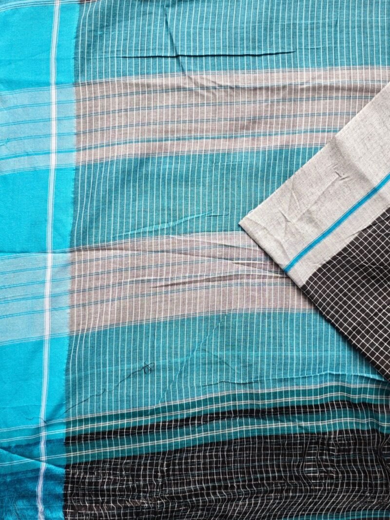 Black Checked Patteda Anchu Saree with Turquoise Border