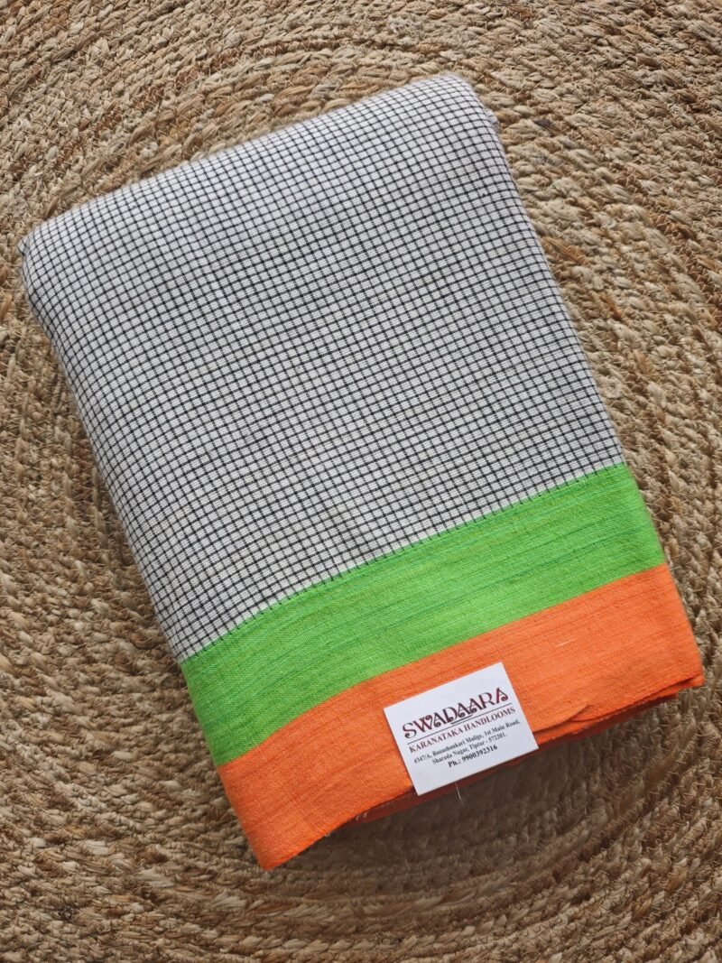 Classic white with Fine Black checks Patteda Anchu Saree With Orange and Parrot Green Bordar