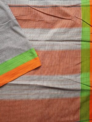 Classic white with Fine Black checks Patteda Anchu Saree With Orange and Parrot Green Bordar (1)