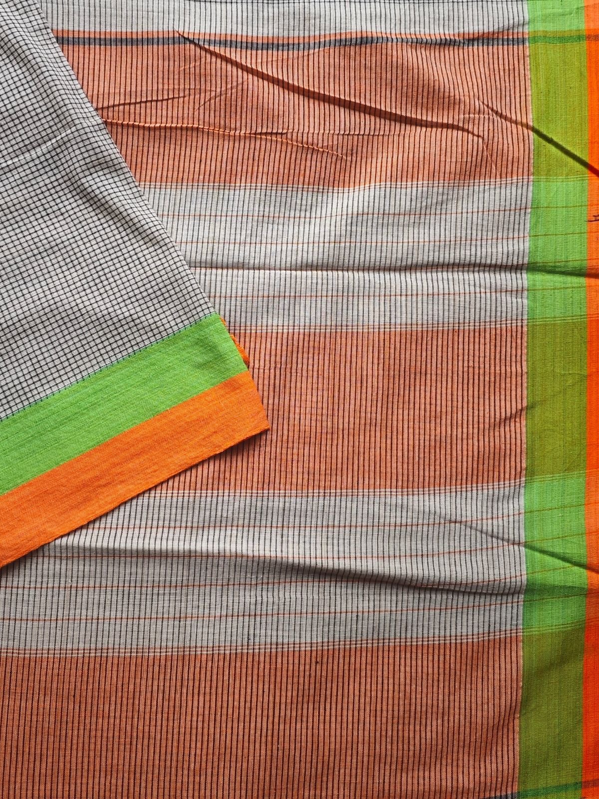 Classic white with Fine Black checks Patteda Anchu Saree With Orange and Parrot Green Bordar (2) Classic white with Fine Black checks Patteda Anchu Saree With Orange and Parrot Green Bordar