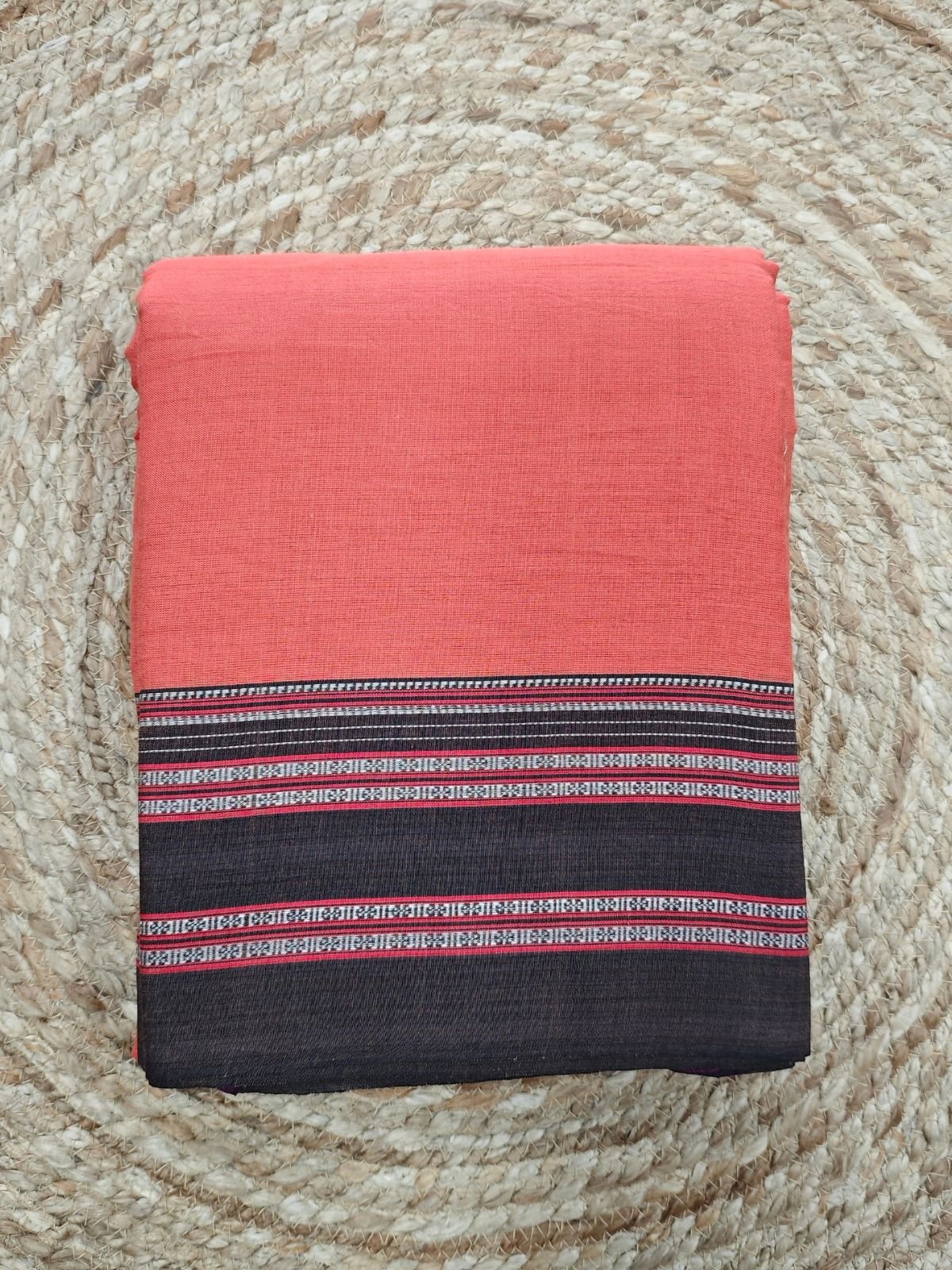 Coral Orange Ilkal Saree with Traditional Black Border (1) Coral Orange Ilkal Saree with Traditional Black Border