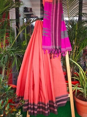 Coral Orange Ilkal Saree with Traditional Black Border (1)