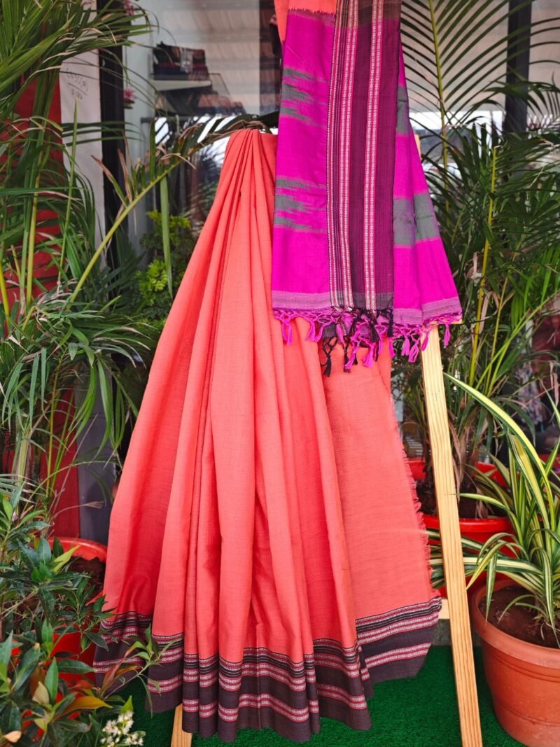 Coral Orange Ilkal Saree with Traditional Black Border
