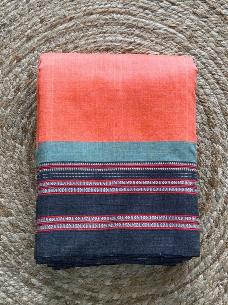 Coral Pink Handloom Cotton Saree with Contrasting Charcoal Black Border