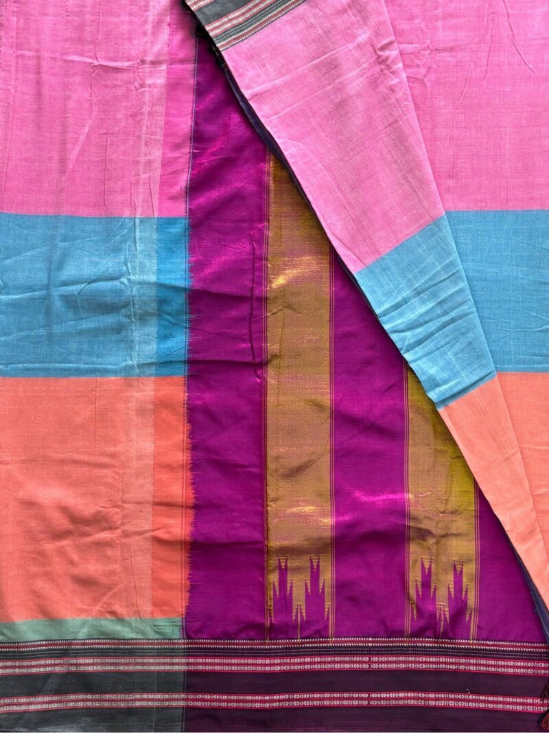 Coral Pink Handloom Cotton Saree with Contrasting Charcoal Black Border