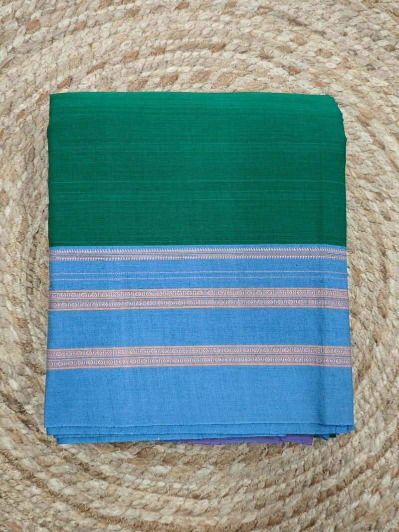 Emerald Green Ilkal Silk Saree with Sky Blue Border