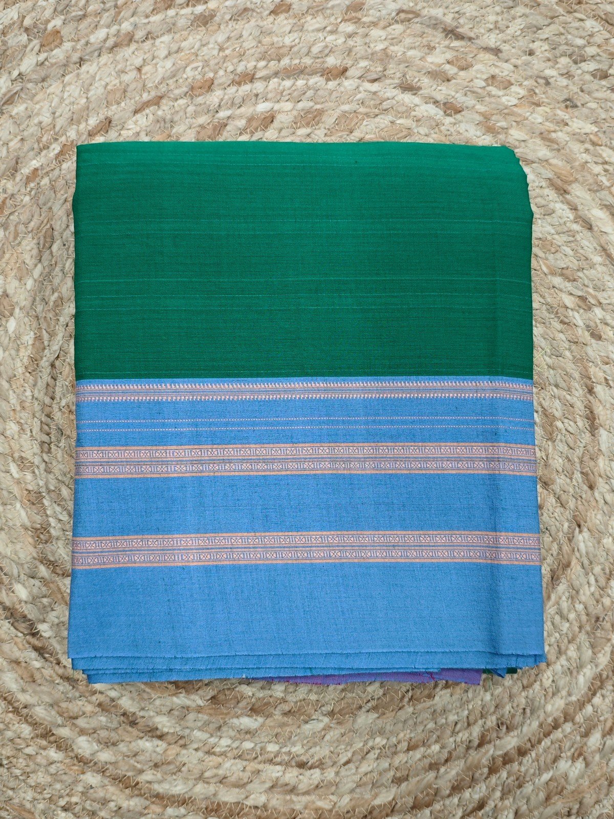 Emerald Green Ilkal Silk Saree with Sky Blue Border (1)
