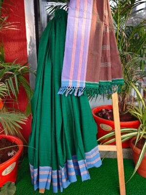 Emerald Green Ilkal Silk Saree with Sky Blue Border (1)