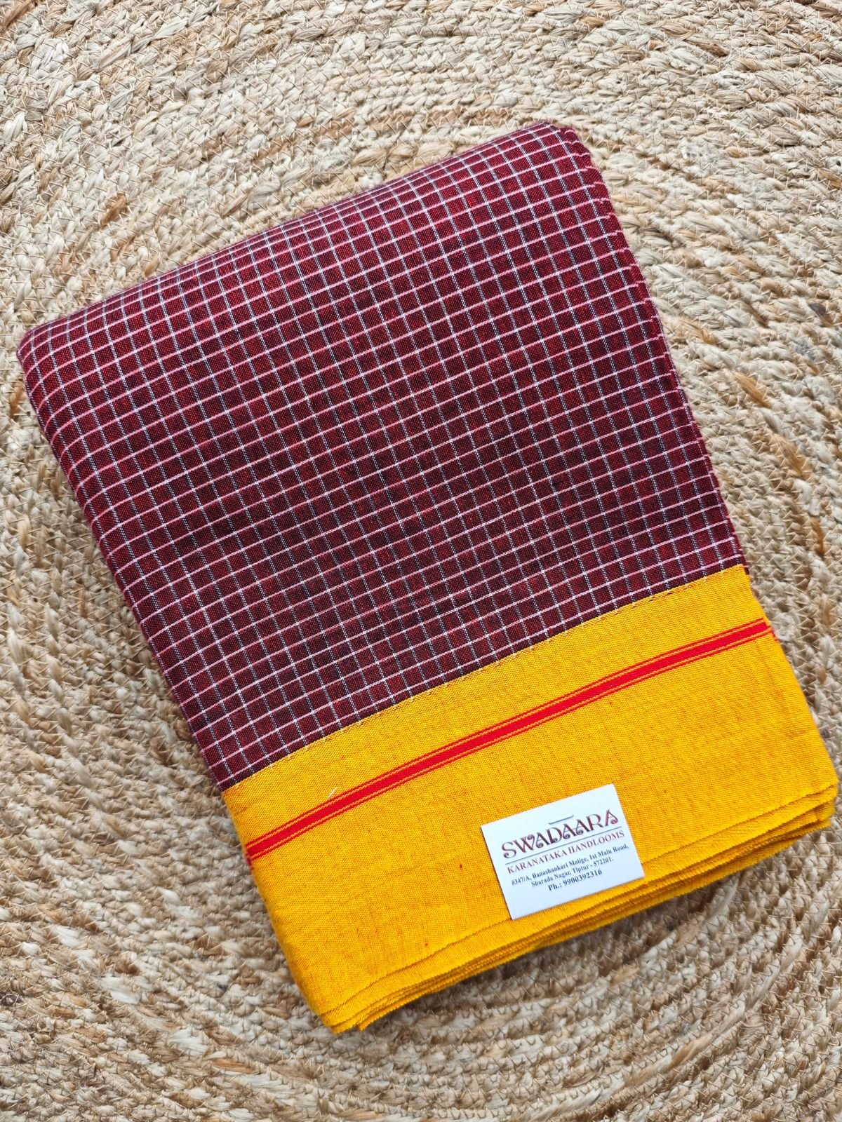 Maroon Checkered Patteda Anchu Saree With Mustard Yellow Bordar (1) Maroon-Checkered-Patteda-Anchu-Saree-With-Mustard-Yellow-Bordar