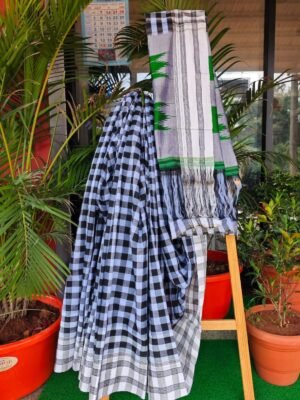 Monochrome Checkered Ilkal Saree with Traditional Border (1)