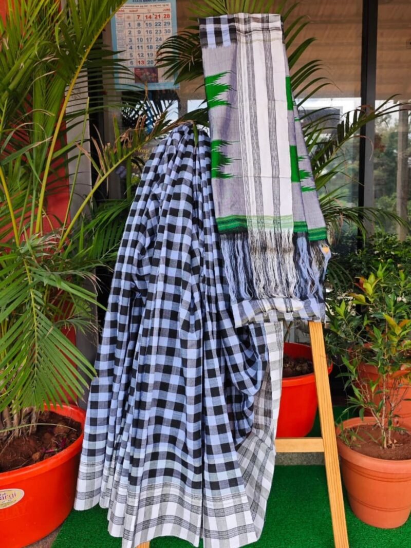 Monochrome Checkered Ilkal Saree with Traditional Border