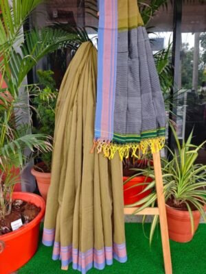 Olive Green Ilkal Saree with Lavender Blue Zari Border (1)