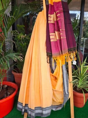 Sunshine Yellow Handloom Ilkal Cotton Saree with Black Woven Border (1)