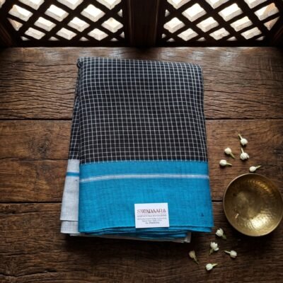 Black Checked Patteda Anchu Saree with Turquoise Border
