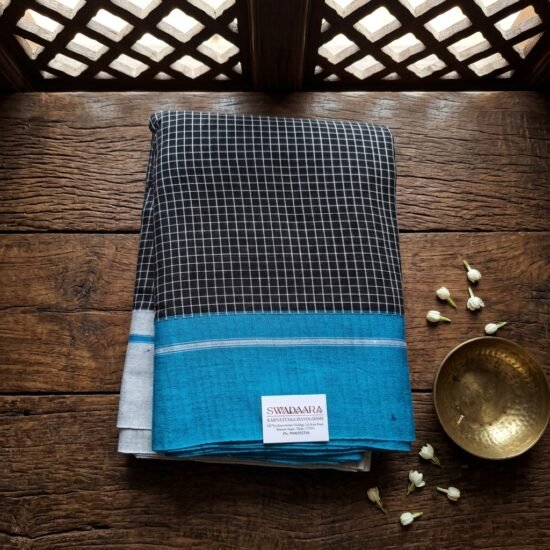 Black Checked Patteda Anchu Saree with Turquoise Border