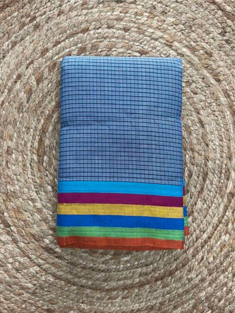 Sky Blue Checked Patteda Anchu with Multy Color Bordar