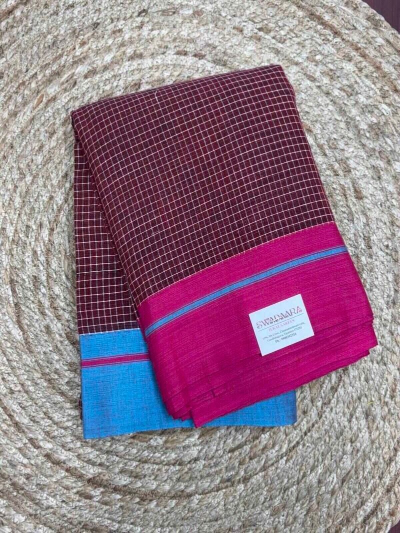 Maroon Checked Patteda Anchu Saree with Pink and Blue Bordar