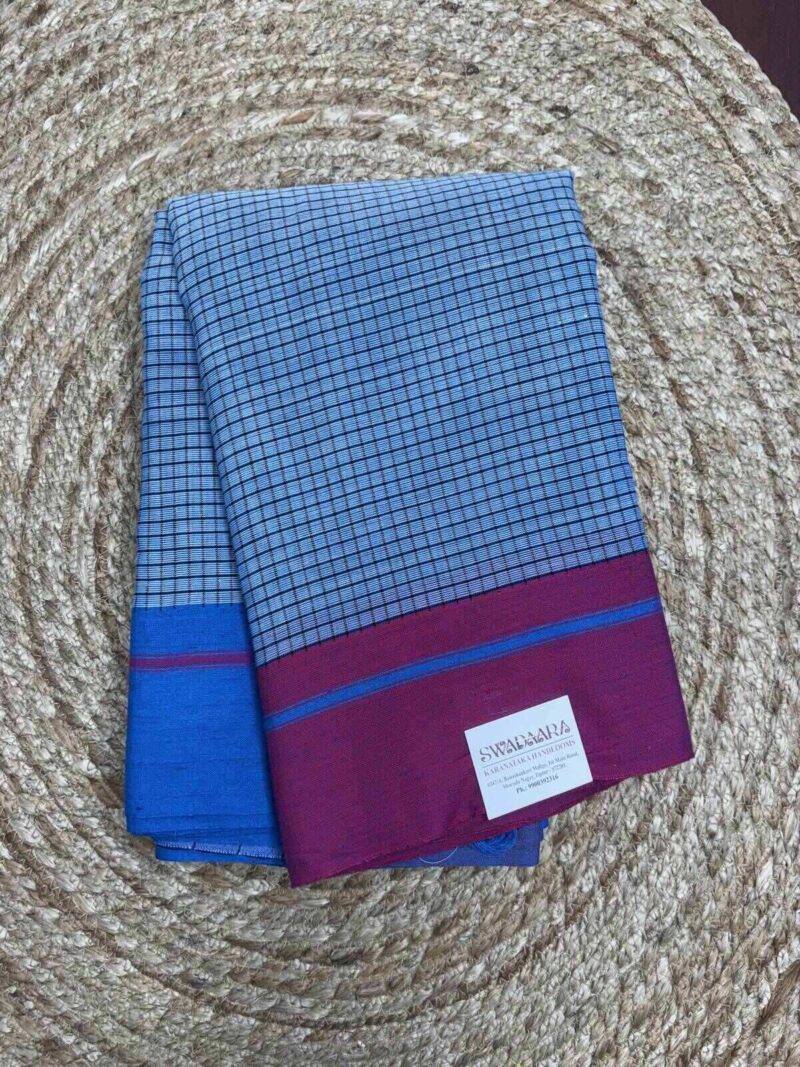 Sky Blue Checked Patteda Anchu Saree with Pink and Blue Bordar