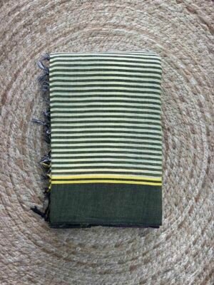Deep Olive Green Light Yellow Color Geometric Horizontal Lines Gajendragada Kote Saree