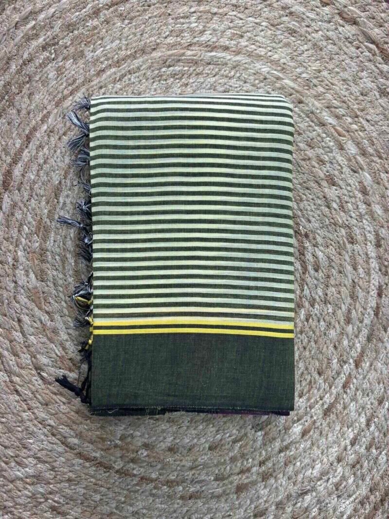 Deep Olive Green Light Yellow Color Geometric Horizontal Lines Gajendragada Kote Saree