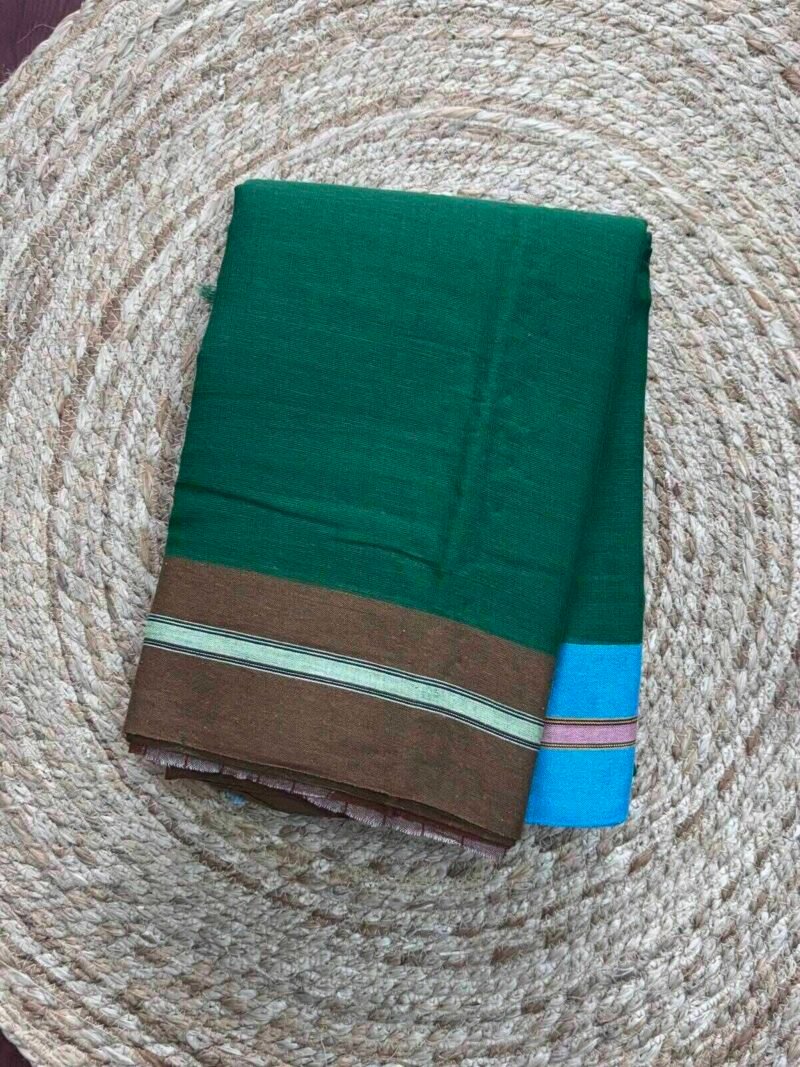 Emerald Green With Broun and Sky Blue Bordar Gajendragada Kote Saree