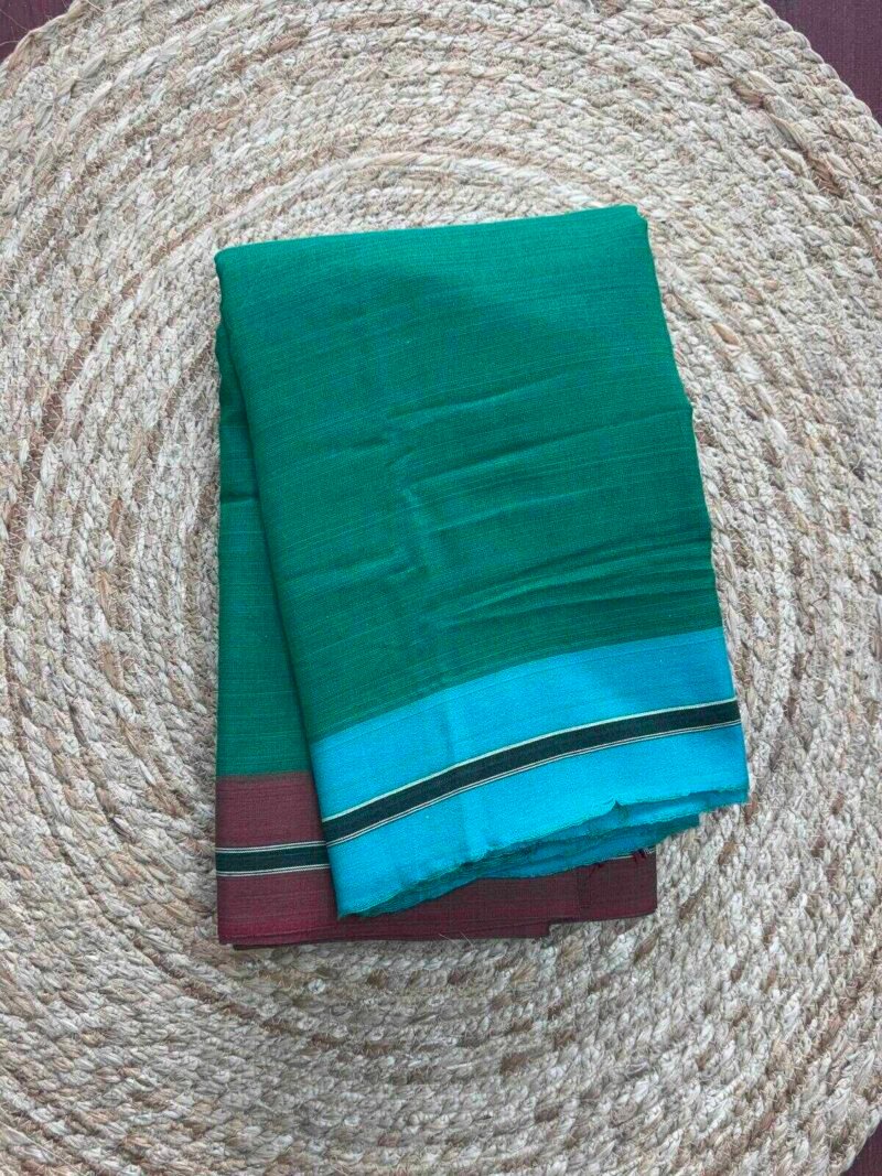 Peacock Green Color with Sky Blue and Broun Bordar Gajendragada Kote Saree