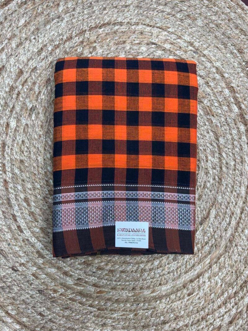 Bright Orange and Black Checked Ilkal Saree with Chikki Paras Bordar