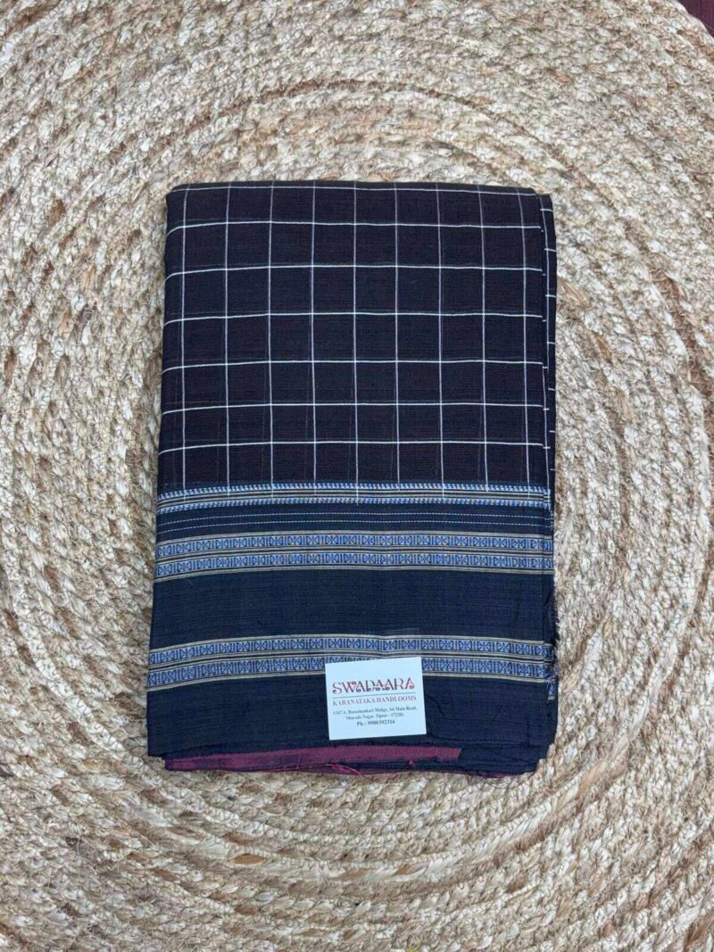 Black Checked Ilkal Saree with Navy Blue Color Bordar
