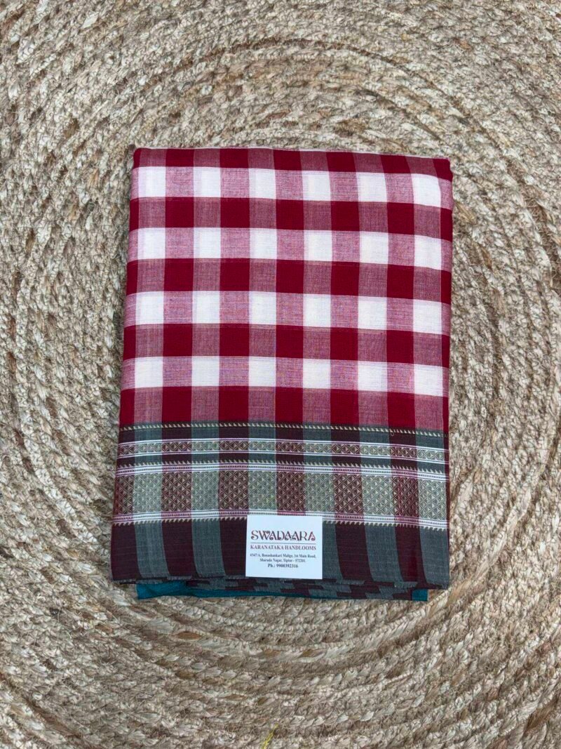 Red and off-White Checked Ilkal Saree with Teal Green Bordar